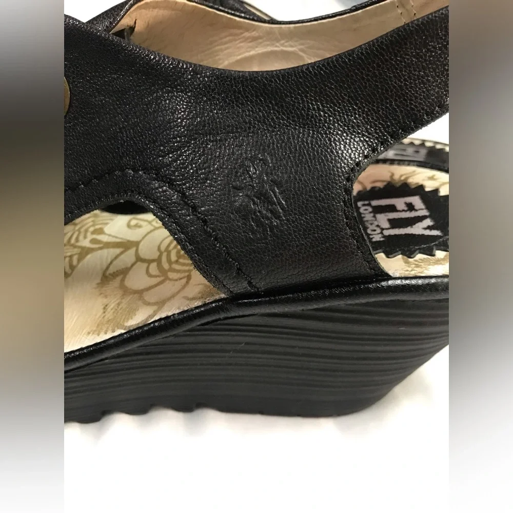 Fly London Yuta Black Lace Up Peep Toe Wedge Heel Sandals - Picture 6 of 8